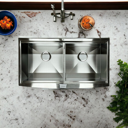 Handmade R12 Series Double Bowl Stainless Steel Farmhouse Sink w/9" Apron