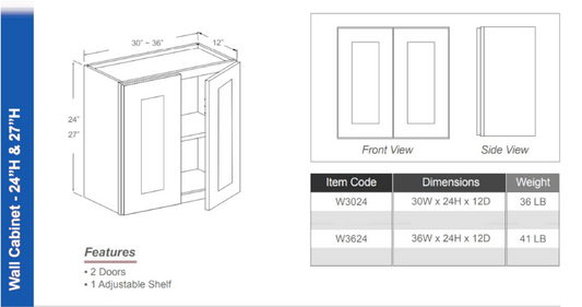 W3624 - Wall Cabinet 24" H (Double Doors - 1 Shelf)