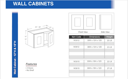 W3012 - Wall Cabinet 12"H (Double Doors - No Shelf)