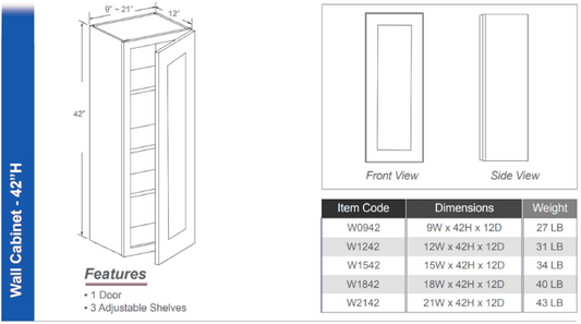 W0942 - Wall Cabinet 42"H (Single Door - 3 Shelves)