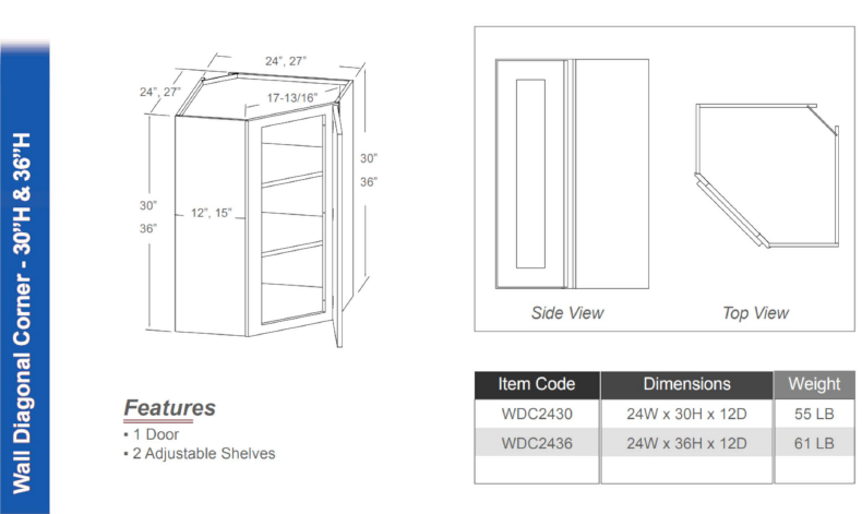 WDC2430 - Wall Diagonal Corner 30"H (Single Door - 2 Shelves)