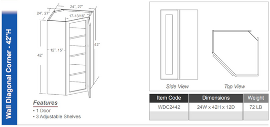 WDC2442 - Wall Diagonal Corner 42"H (Single Door - 3 Shelves)