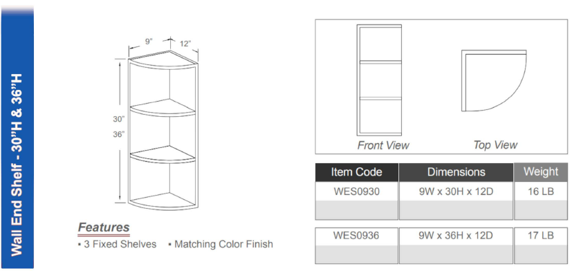 WES0936 - Wall End Shelf 36"H (3 Fixed Shelves | Matching Color Finish)