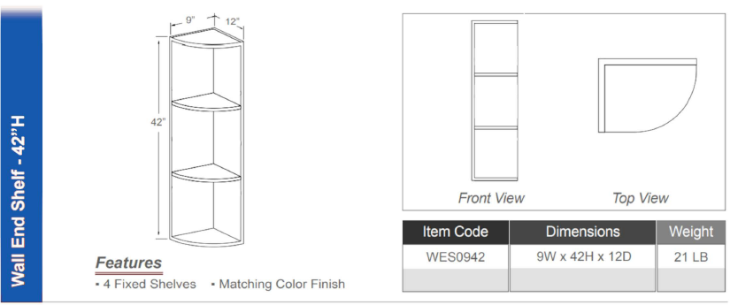 WES0942 - Wall End Shelf 42"H (4 Fixed Shelves | Matching Color Finish)