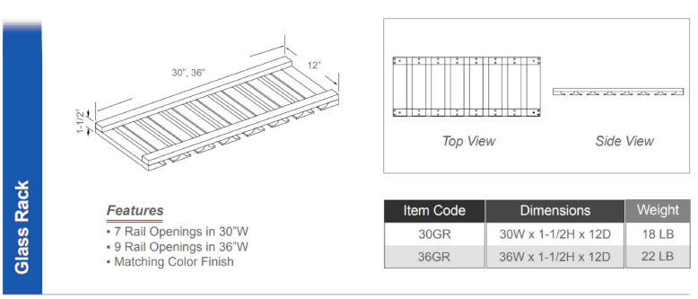 GH30 - Glass Rack 1 12"H ( 7 Rail Openings | Color Matched Finish)