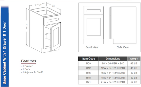 B09 - Base Cabinet 9"W (1 Drawer | 1 Door | 1 Shelf)