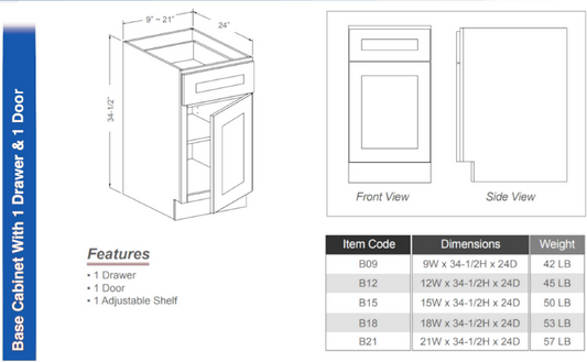 B18 - Base Cabinet 18"W (1 Drawer | 1 Door | 1 Shelf)