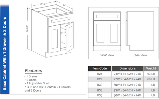 B24 - Base Cabinet 24"W (1 Drawer | 2 Doors | 1 Shelf)