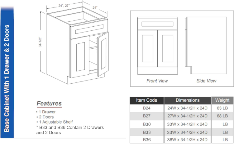 B33 - Base Cabinet 33"W (2 Drawer | 2 Doors | 1 Shelf)