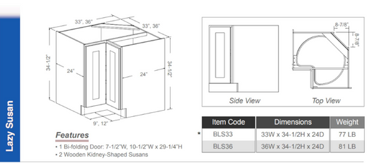 BLS36 - Lazy Susan 36"W (1 Bi-Folding Door 7 1/2"Wx10 1/2"Wx 29 1/4"H | 2 Wooden Kidney Shaped Rotating Shelves)