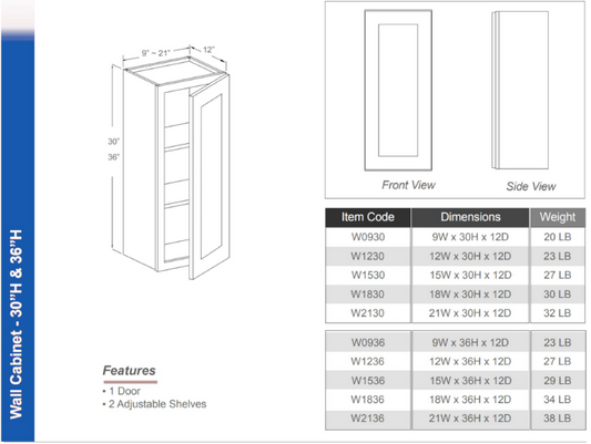 W0930 - Wall Cabinet 30"H (Single Door - 2 Shelves)