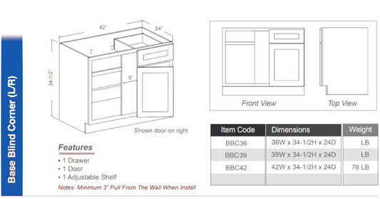 BBC36 - Base Blind Corner Cabinet L/R 36"W (1 Drawer | 1 Door | 1 Shelf)