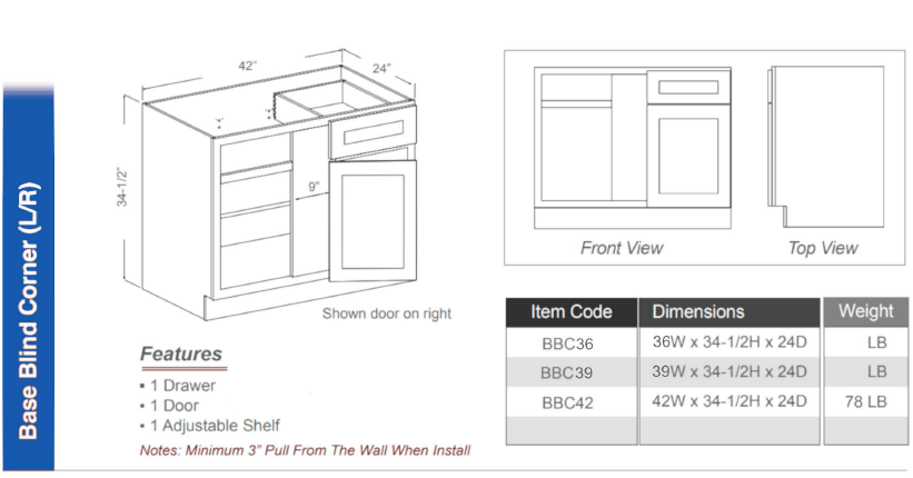 BBC39 - Base Blind Corner Cabinet L/R 39"W (1 Drawer | 1 Door | 1 Shelf)