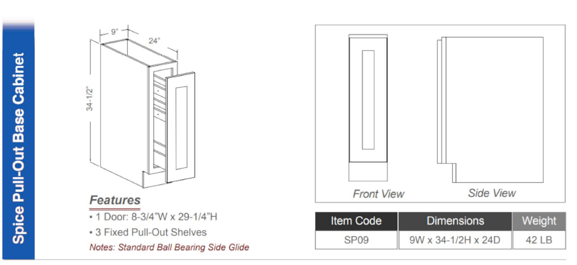 TB09 - Spice Pull Out Base Cabinet 9"W (1 Door 8 3/4"Wx 29 1/4"H | 3 Fixed Pull-Out Shelves) w/3 Fixed Shelves