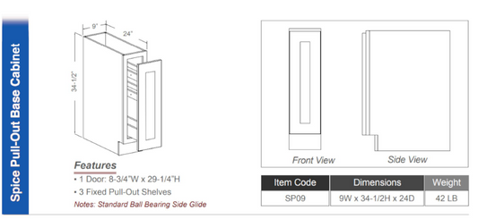 TB09 - Spice Pull Out Base Cabinet 9"W (1 Door 8 3/4"Wx 29 1/4"H | 3 Fixed Pull-Out Shelves) w/3 Fixed Shelves