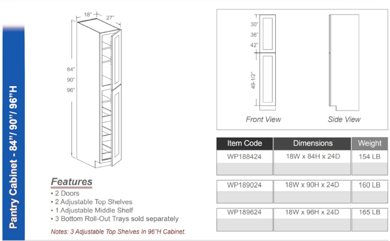 PC1896 - Pantry Cabinet 18"Wx96"Hx24"D