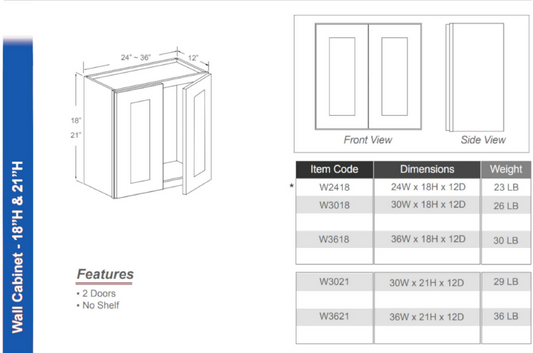 W2418 - Wall Cabinet 18"H (Double Doors - No Shelf)