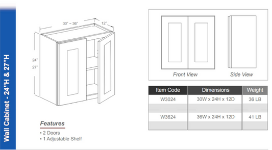 W3024 - Wall Cabinet - 24"H (Double Doors - 1 Shelf)