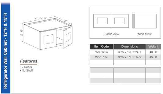 W361524 - Refrigerator Wall Cabinet 15"H (Double Doors - No Shelf)