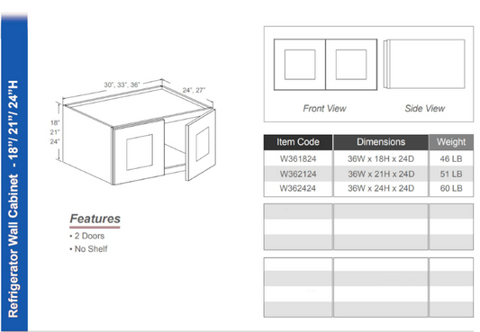 W362124 - Refrigerator Wall Cabinet 21"H (Double Doors - No Shelf)