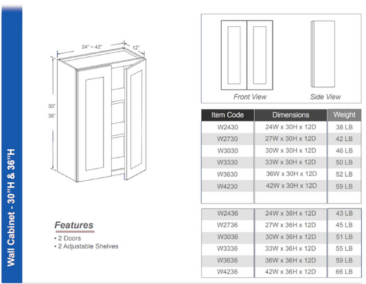 W3630 - Wall Cabinet 30"H (Double Door - 2 Shelves)